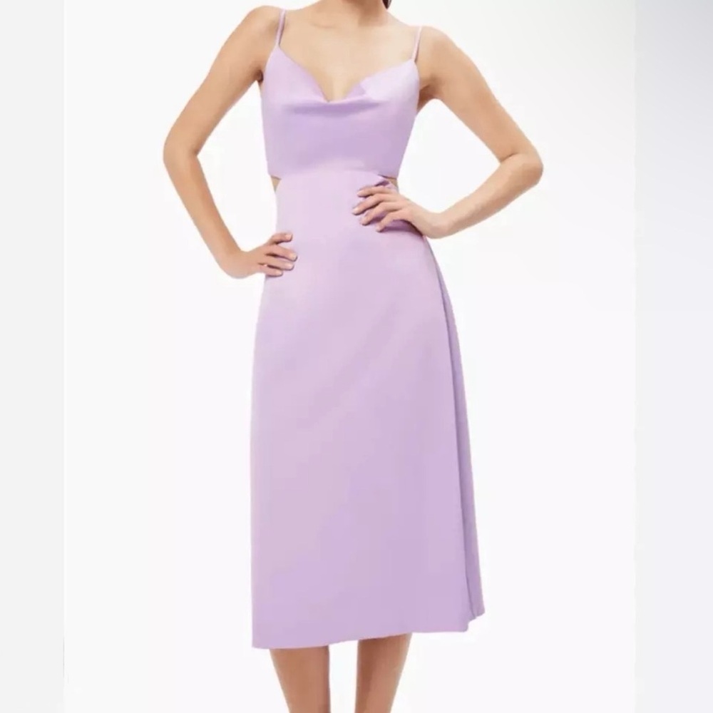 Elliatt Summer Midi Dress Sz M Satin Lilac Purple Cutout Cowl Neck Dress